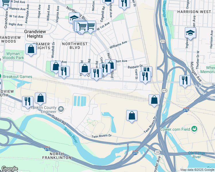 map of restaurants, bars, coffee shops, grocery stores, and more near 967 Goodale Blvd in Columbus