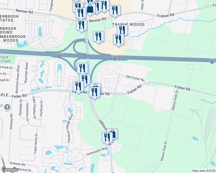 map of restaurants, bars, coffee shops, grocery stores, and more near 5432 Fisher Road in Columbus
