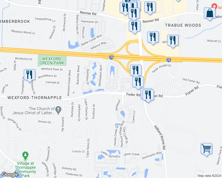 map of restaurants, bars, coffee shops, grocery stores, and more near Feder Road in Columbus