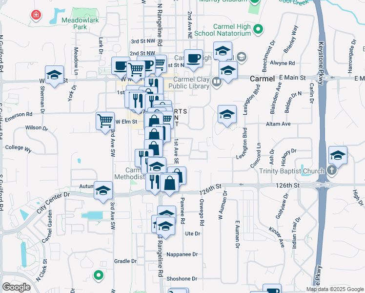 map of restaurants, bars, coffee shops, grocery stores, and more near 501 1st Avenue Southeast in Carmel