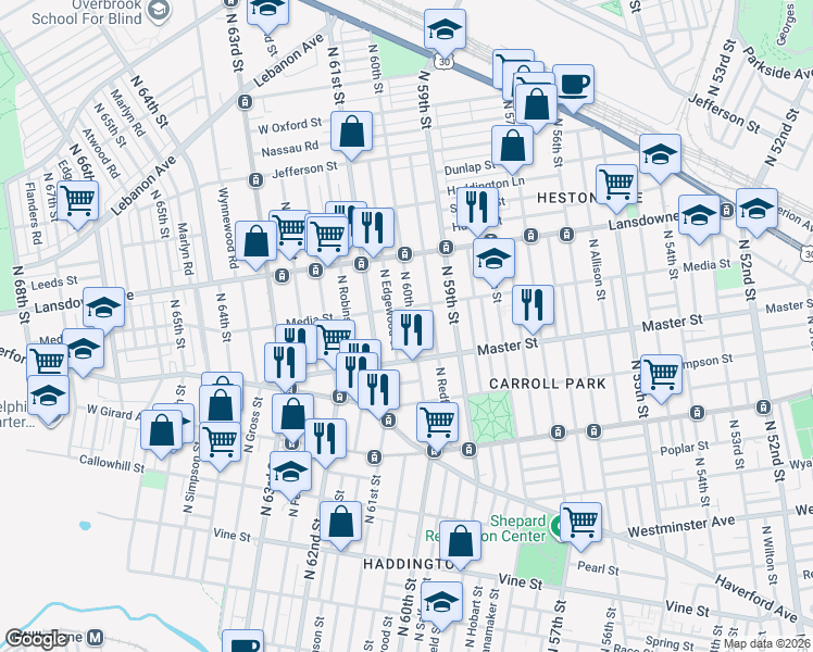 map of restaurants, bars, coffee shops, grocery stores, and more near 1446 North 60th Street in Philadelphia