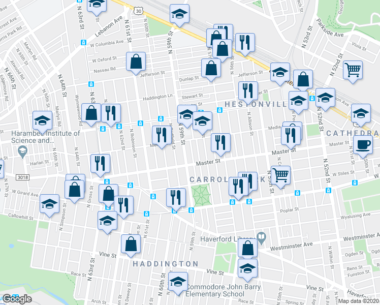 map of restaurants, bars, coffee shops, grocery stores, and more near 1434 North Hobart Street in Philadelphia