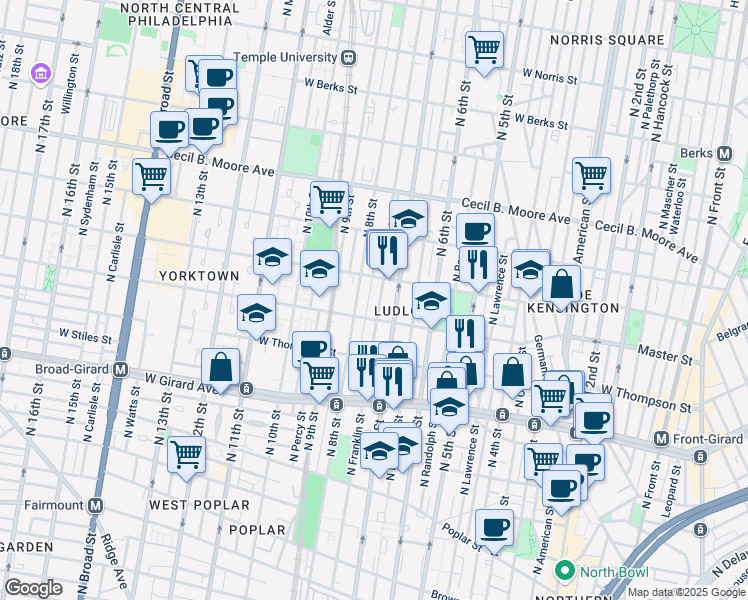 map of restaurants, bars, coffee shops, grocery stores, and more near 1424 North Franklin Street in Philadelphia