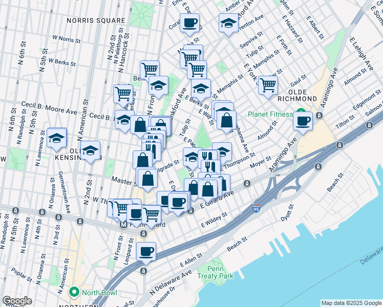 map of restaurants, bars, coffee shops, grocery stores, and more near 445 Belgrade Street in Philadelphia