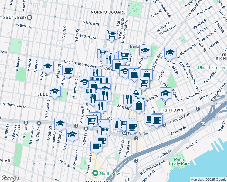 map of restaurants, bars, coffee shops, grocery stores, and more near 1508 North Hancock Street in Philadelphia