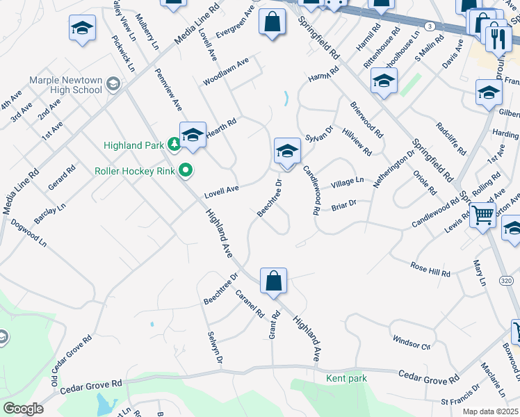 map of restaurants, bars, coffee shops, grocery stores, and more near 22 Willowbrook Road in Broomall