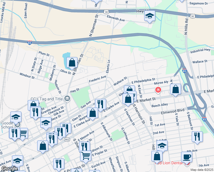 map of restaurants, bars, coffee shops, grocery stores, and more near 217 Eberts Lane in York