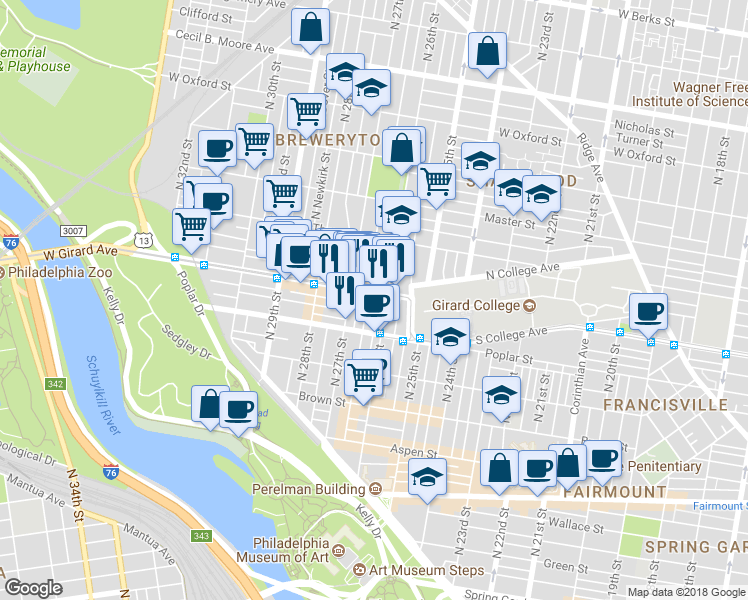 map of restaurants, bars, coffee shops, grocery stores, and more near in Philadelphia