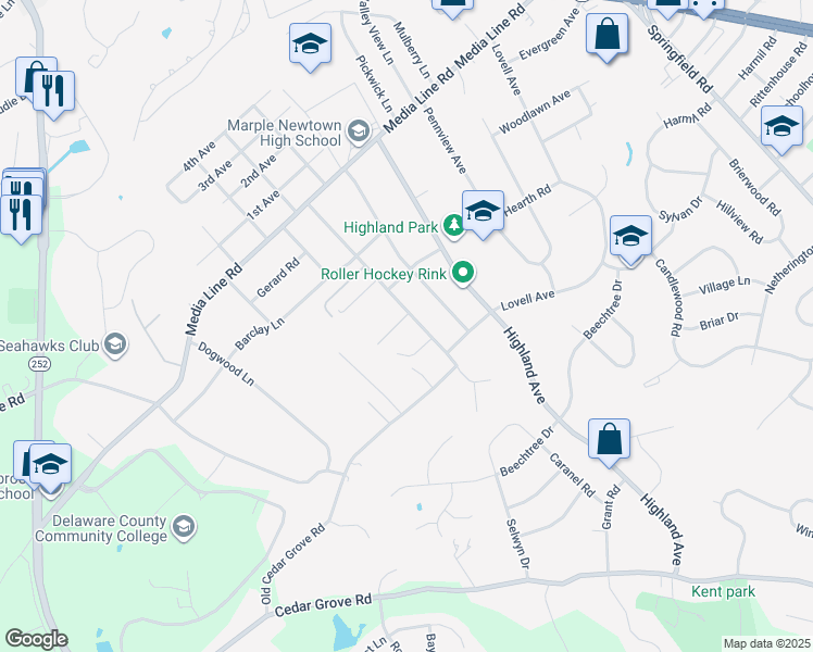 map of restaurants, bars, coffee shops, grocery stores, and more near 2850 Old Cedar Grove Road in Broomall