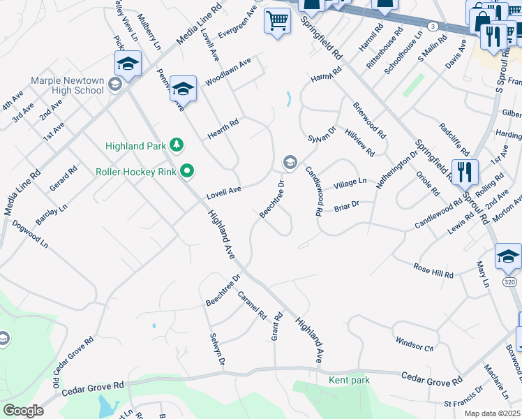 map of restaurants, bars, coffee shops, grocery stores, and more near 22 Willowbrook Road in Broomall