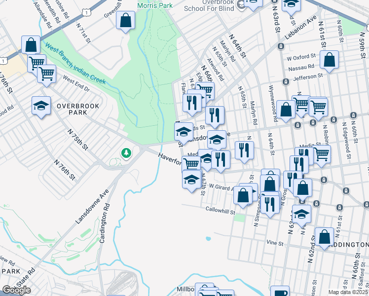 map of restaurants, bars, coffee shops, grocery stores, and more near 6722 Lansdowne Avenue in Philadelphia