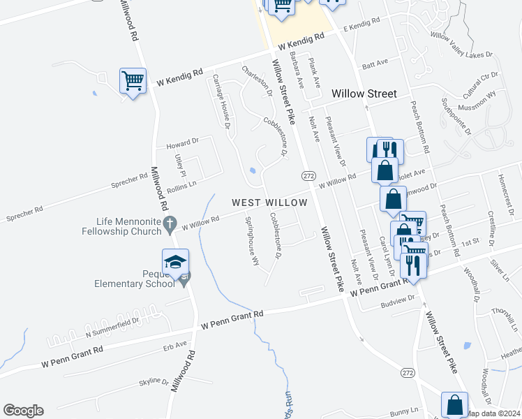 map of restaurants, bars, coffee shops, grocery stores, and more near 116 West Willow Road in Willow Street