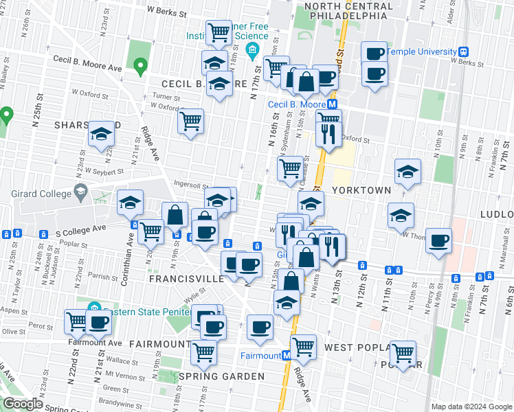 map of restaurants, bars, coffee shops, grocery stores, and more near 1605 West Thompson Street in Philadelphia