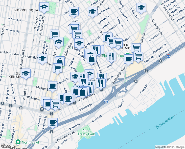 map of restaurants, bars, coffee shops, grocery stores, and more near 1328 East Berks Street in Philadelphia