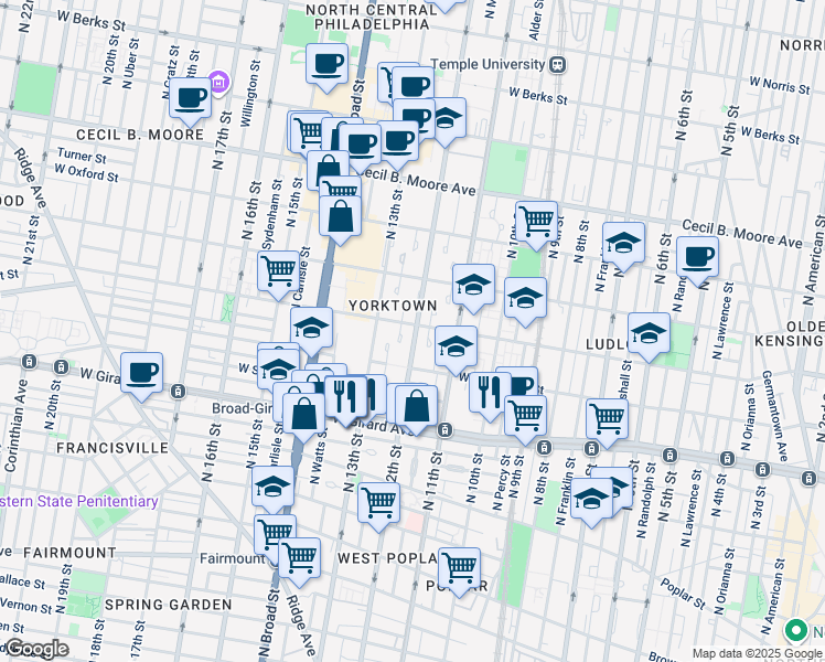 map of restaurants, bars, coffee shops, grocery stores, and more near 1200 West Master Street in Philadelphia