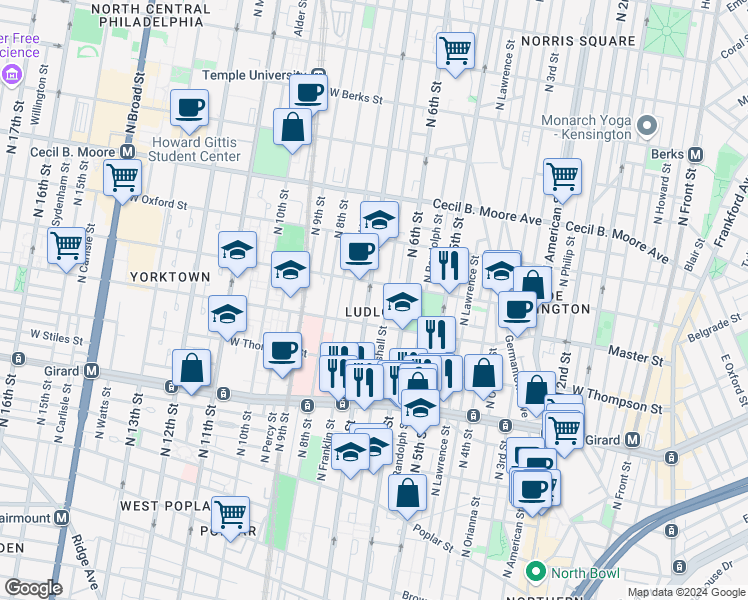 map of restaurants, bars, coffee shops, grocery stores, and more near 1433 North 7th Street in Philadelphia