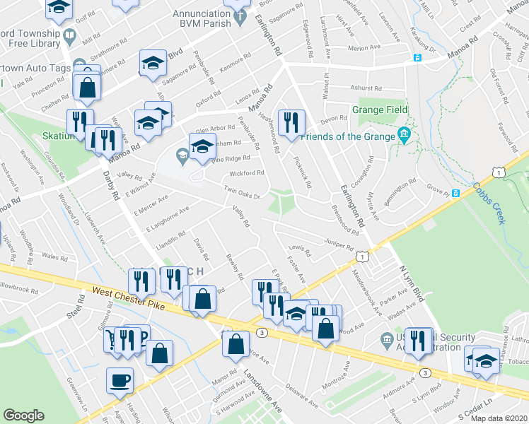 map of restaurants, bars, coffee shops, grocery stores, and more near 217 Juniper Road in Havertown