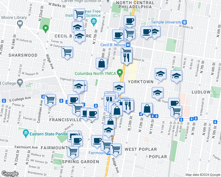 map of restaurants, bars, coffee shops, grocery stores, and more near 1315 North 15th Street in Philadelphia