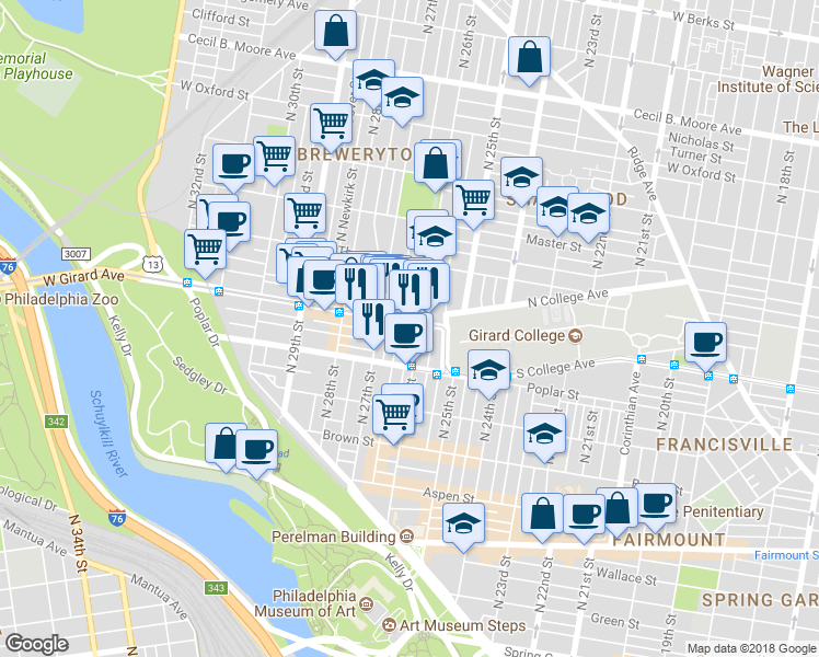 map of restaurants, bars, coffee shops, grocery stores, and more near 2608 West Girard Avenue in Philadelphia