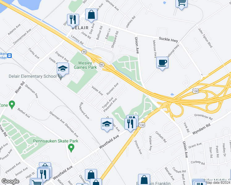 map of restaurants, bars, coffee shops, grocery stores, and more near 7605 Tripoli Avenue in Pennsauken Township