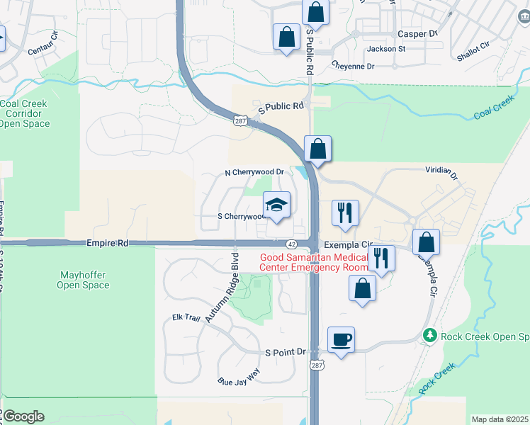 map of restaurants, bars, coffee shops, grocery stores, and more near 307 South Cherrywood Drive in Lafayette