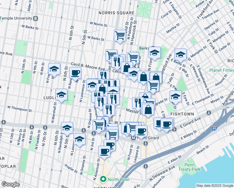 map of restaurants, bars, coffee shops, grocery stores, and more near 1501 North 2nd Street in Philadelphia