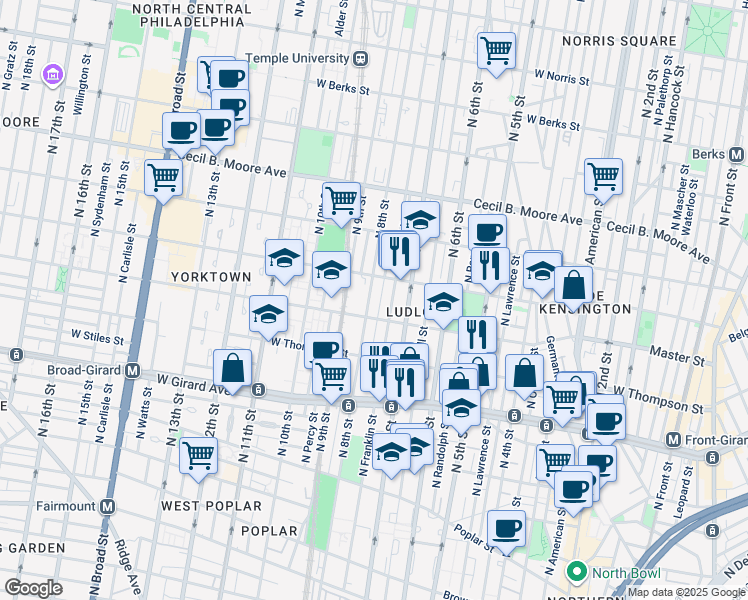 map of restaurants, bars, coffee shops, grocery stores, and more near 1423 North 8th Street in Philadelphia