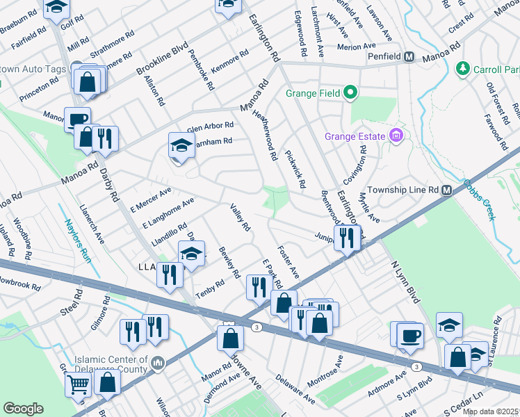 map of restaurants, bars, coffee shops, grocery stores, and more near 217 Juniper Road in Havertown