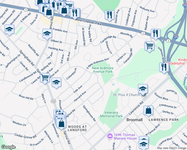 map of restaurants, bars, coffee shops, grocery stores, and more near 301 Yale Avenue in Broomall