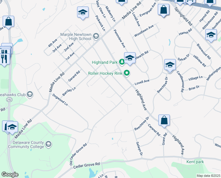 map of restaurants, bars, coffee shops, grocery stores, and more near 2850 Old Cedar Grove Road in Broomall