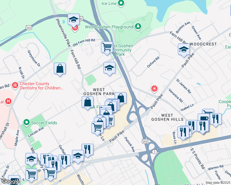 map of restaurants, bars, coffee shops, grocery stores, and more near 501 Woodcrest Circle in West Chester