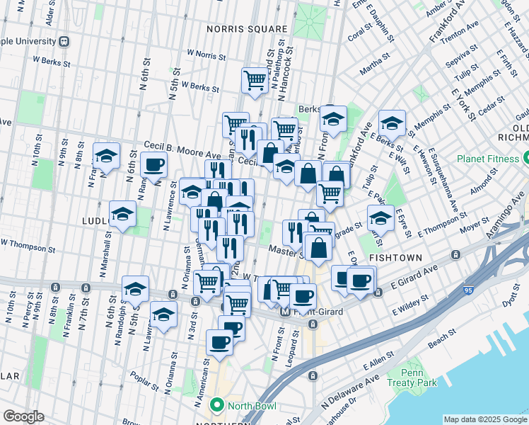 map of restaurants, bars, coffee shops, grocery stores, and more near 1509 North Hancock Street in Philadelphia