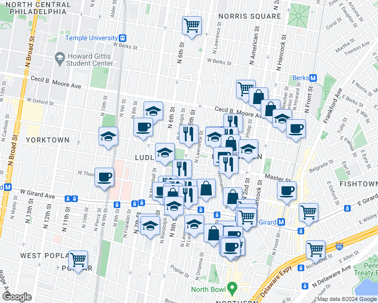 map of restaurants, bars, coffee shops, grocery stores, and more near 1447 North 5th Street in Philadelphia