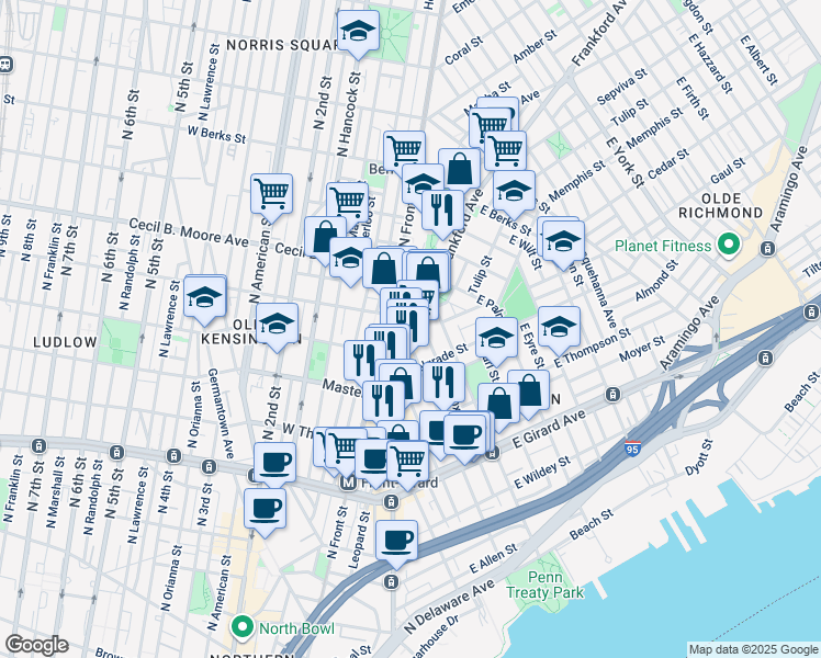 map of restaurants, bars, coffee shops, grocery stores, and more near 1540 Frankford Avenue in Philadelphia