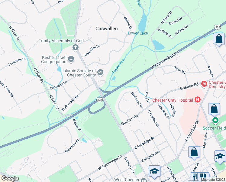 map of restaurants, bars, coffee shops, grocery stores, and more near West Chester Bypass in West Chester