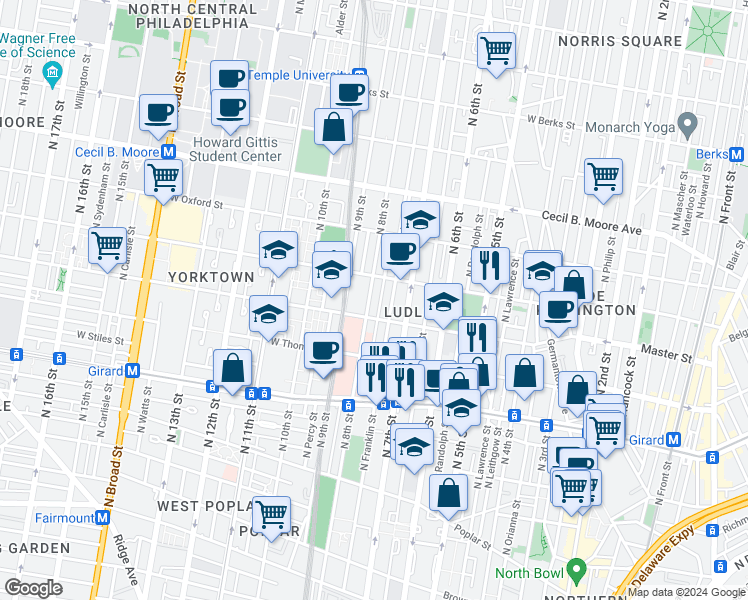 map of restaurants, bars, coffee shops, grocery stores, and more near 1412 North Franklin Street in Philadelphia