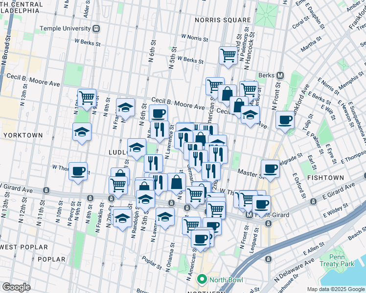 map of restaurants, bars, coffee shops, grocery stores, and more near 1442 North 4th Street in Philadelphia