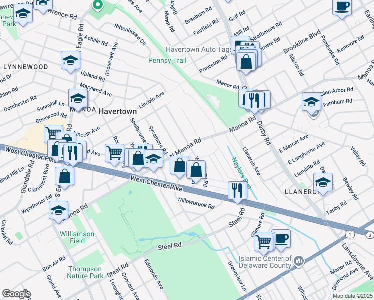 map of restaurants, bars, coffee shops, grocery stores, and more near 415 North Manoa Road in Havertown
