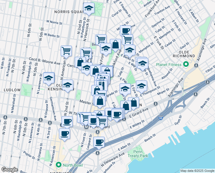 map of restaurants, bars, coffee shops, grocery stores, and more near in Philadelphia