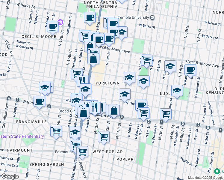 map of restaurants, bars, coffee shops, grocery stores, and more near 1204 Master Street in Philadelphia