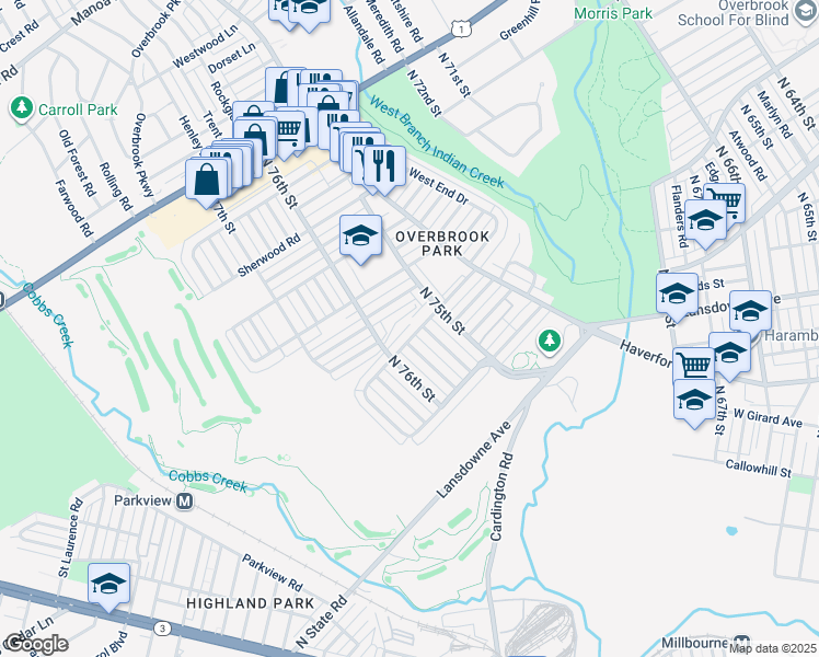 map of restaurants, bars, coffee shops, grocery stores, and more near 7541 Malvern Avenue in Philadelphia