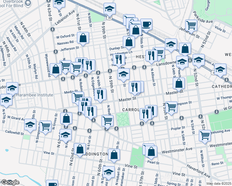 map of restaurants, bars, coffee shops, grocery stores, and more near 1436 North Hobart Street in Philadelphia
