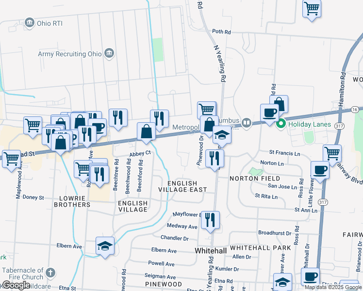 map of restaurants, bars, coffee shops, grocery stores, and more near 4253 East Broad Street in Columbus