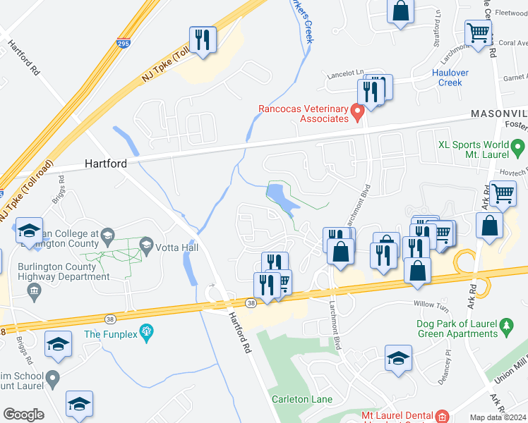 map of restaurants, bars, coffee shops, grocery stores, and more near 2717A Sussex Court in Mount Laurel Township