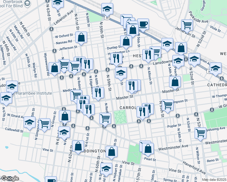 map of restaurants, bars, coffee shops, grocery stores, and more near 1436 North Hobart Street in Philadelphia