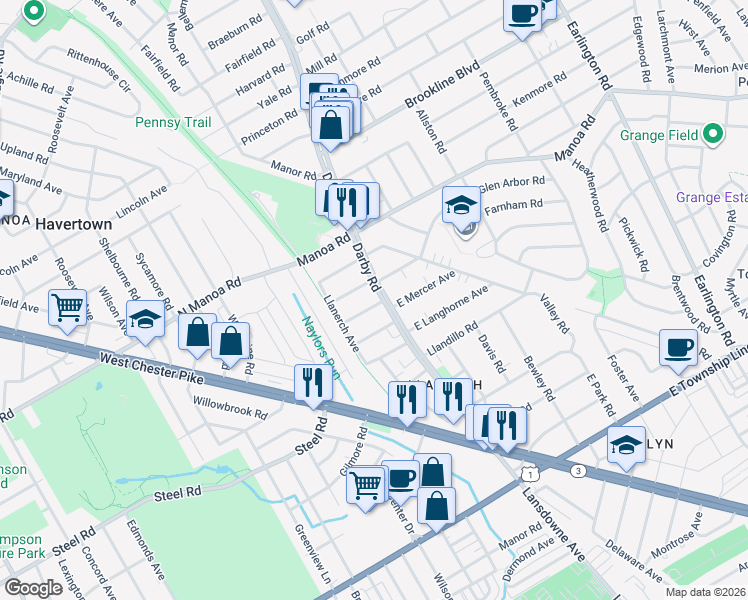 map of restaurants, bars, coffee shops, grocery stores, and more near in Delaware County