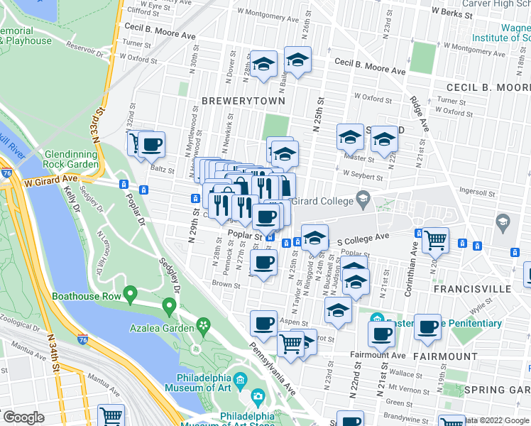 map of restaurants, bars, coffee shops, grocery stores, and more near 2614 West Girard Avenue in Philadelphia