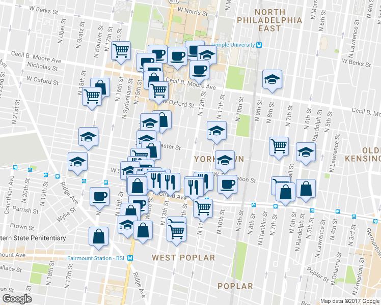 map of restaurants, bars, coffee shops, grocery stores, and more near 1204 Master Street in Philadelphia