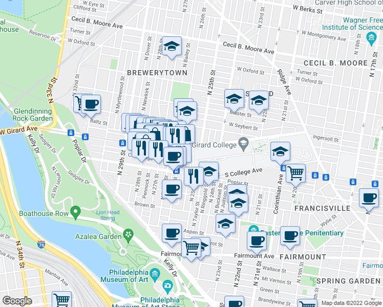 map of restaurants, bars, coffee shops, grocery stores, and more near 2005 West Girard Avenue in Philadelphia