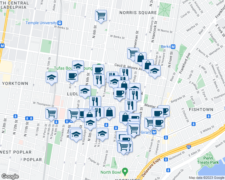 map of restaurants, bars, coffee shops, grocery stores, and more near 1503 North 4th Street in Philadelphia
